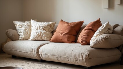 Modern living room showcasing a sofa decorated with white and terra cotta cushions.