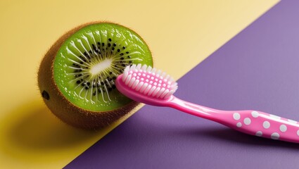 Kiwi fruit and razor positioned on a violet and yellow backdrop. Hair removal theme. Innovative minimalist concept with empty space.