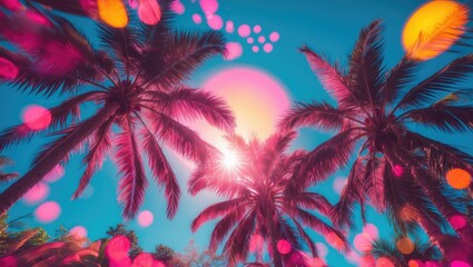 Obraz premium Copy space pink tropical palm fronds against a blue sky with vibrant bokeh sunlight abstract backdrop. Summer vacation and nature travel adventure theme.