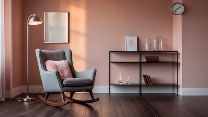 Stylish room interior featuring a cozy rocking chair next to a colored wall.