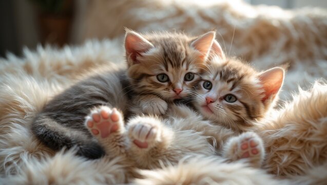 Kittens resting on a fur blanket.