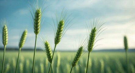 Juicy fresh ears of young green wheat in nature during spring and summer, showcasing a close-up of macro. Green wheat field swaying in the rural landscape.