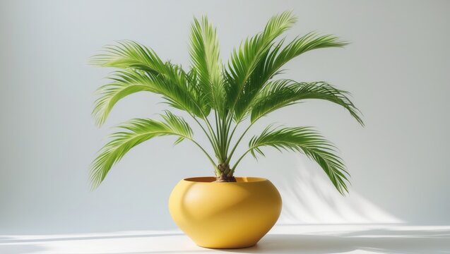 Isolated young parlour palm with green leaves in a yellow pot. Isolated plants in containers for indoor use.
