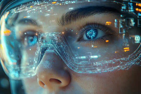 Close up image of a person wearing futuristic glasses with digital overlay. Suggests augmented reality or data analysis. A glimpse into the future of tech.