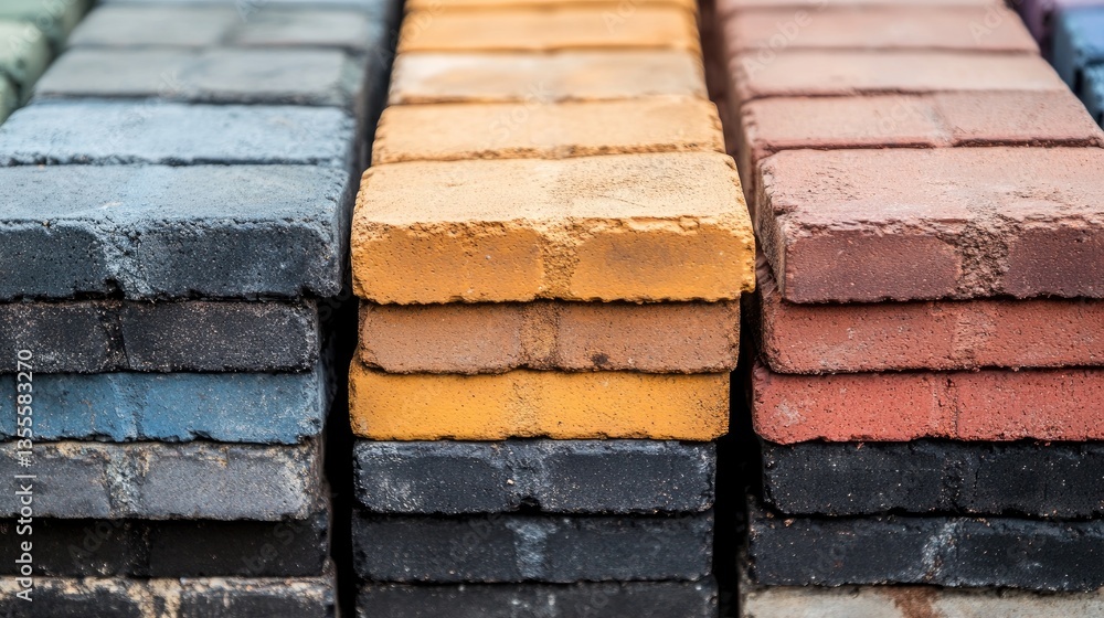 Poster close-up of interlocking paving bricks in multiple colors, neatly stored in an outdoor supply yard, 
