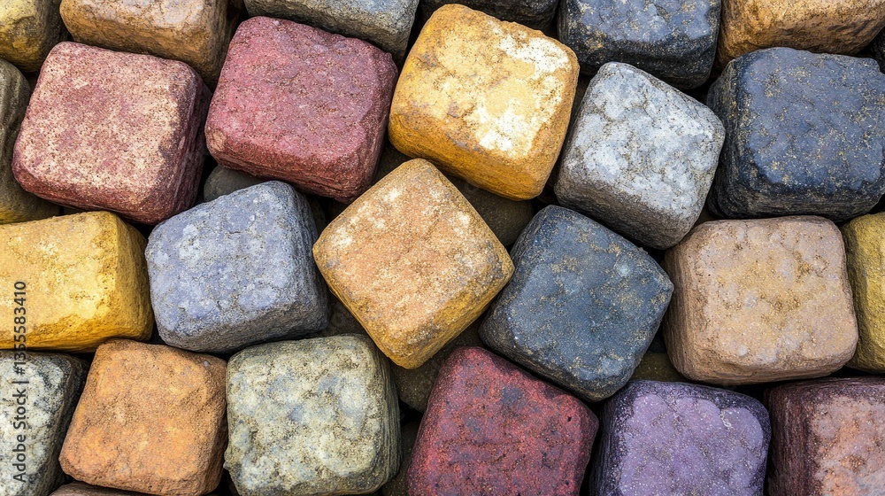 Poster close-up of interlocking paving bricks in multiple colors, neatly stored in an outdoor supply yard, 