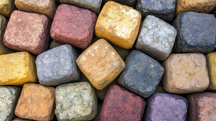 Close-up of interlocking paving bricks in multiple colors, neatly stored in an outdoor supply yard, ready for walkway installation.
