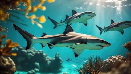 Fototapeta premium Diving with large sharks, including Tiger Shark, Lemon Shark, and grey reef shark, occasionally accompanied by a hammerhead Shark.
