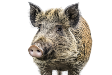 Closeup of a wild boar with rugged fur and intense features