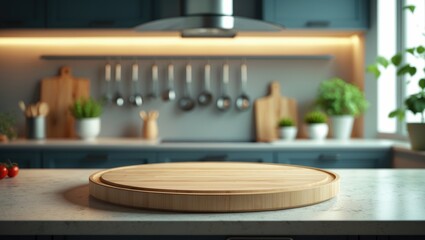 Obraz premium Kitchen countertop featuring an empty wooden board with a blurred modern kitchen backdrop. Food and drink product display podium tabletop.