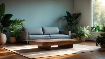 Modern living space displaying a sofa, table, plants, and wooden flooring, highlighting a minimalist lifestyle with a simple blue wall.