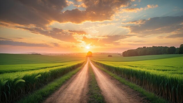 Country road and lush wheat fields in natural scenery at dawn.