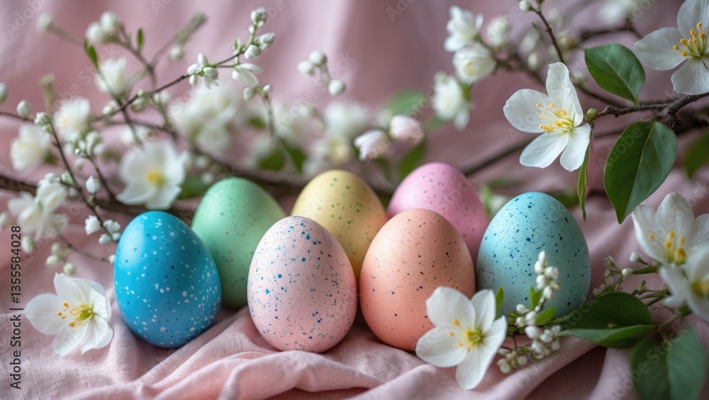 Poster easter eggs placed on a fabric backdrop with spring blossoms.
