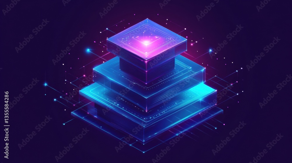 Poster Futuristic blockchain concept in layered paper cut style showcasing glowing blue network nodes and digital connections Generative AI