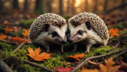 Fototapeta premium Hedgehogs during autumn, two wild, free-ranging hedgehogs, captured from a wildlife hide to assist in monitoring the health and population of this beloved but declining mammal.