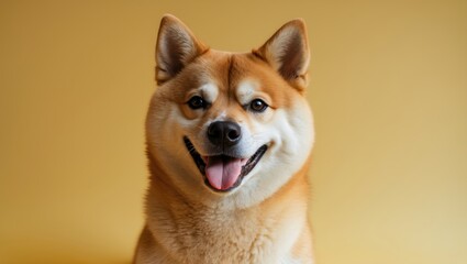 Cheerful dog against a yellow background. Smiling portrait.