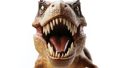Fototapeta premium Close-up of a fierce T-Rex figurine with sharp teeth, capturing its menacing essence and primal power. 