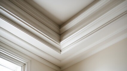 Detail of corner ceiling cornice featuring elaborate crown molding.