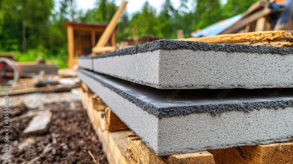 Poster Collection of concrete blocks with embedded insulation layers, ready for energy-efficient construction projects.