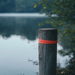 Naklejka premium Wooden Post Wrapped in Orange Band Next to Calm Water Surface