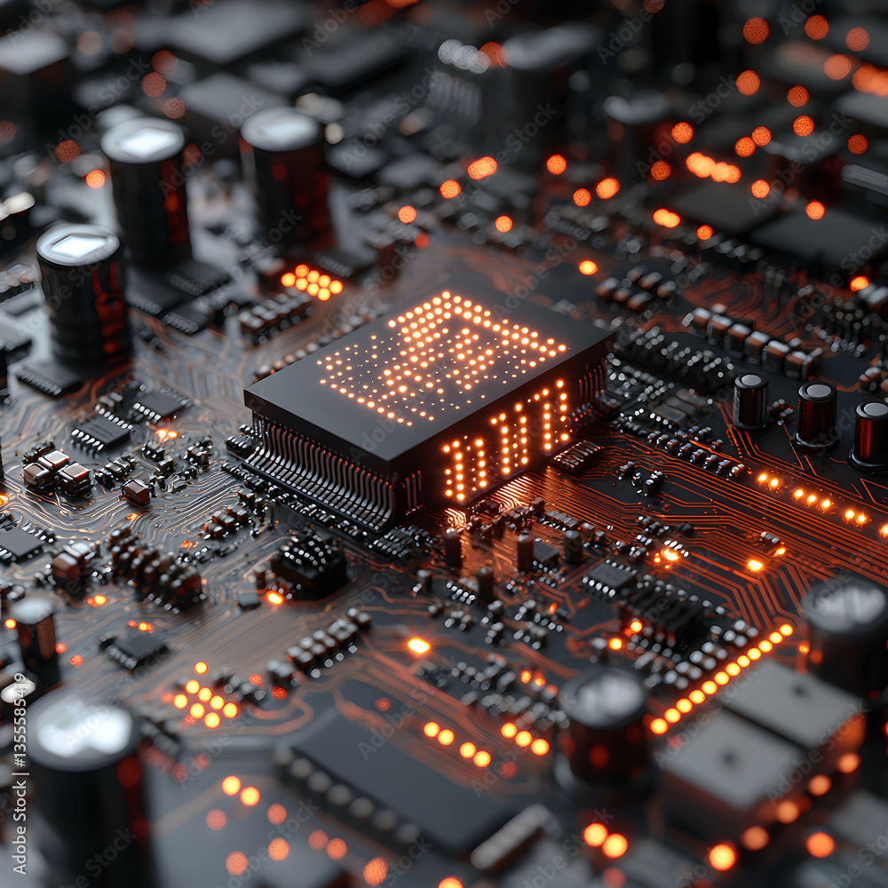 Wall mural close-up of a glowing computer circuit board perfect for tech websites or presentations highlighting