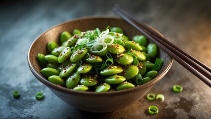 Cooked organic food in a ceramic dish on a textured surface. Seasoned soybeans with salt and condiments.