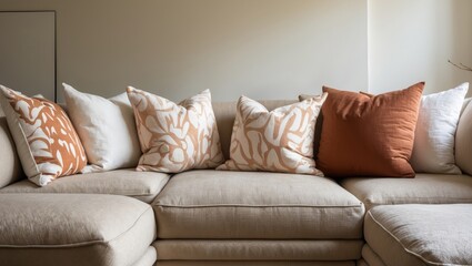 Contemporary living room showcasing a sofa decorated with white and terra cotta cushions.