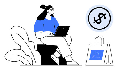 Woman sitting with laptop near foliage, shopping bag with recycle icon, and dollar sign. Ideal for e-commerce, sustainability, finance, online shopping, green marketing, modern lifestyle minimalism