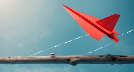 Naklejka premium Concept of breaking through barriers, achieving goals, and targets. Red paper airplane.