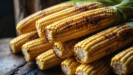 Corn on the cob, arranged in a stacked formation, showcasing bright yellow kernels and green husks, emphasizing its freshness and natural appearance.