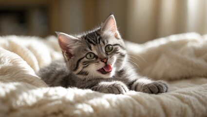 Content gray striped kitten yawning and resting in a cozy white bed