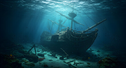 Sunken Old Ship Resting Underwater on Sandy Sea Floor