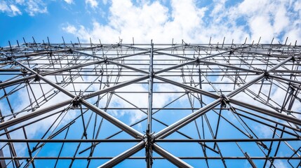 Fototapeta premium Construction scaffolding forming geometric patterns against the backdrop of a blue sky.