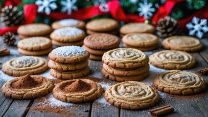 Fototapeta premium Cookies displayed on a table with cinnamon, set against a festive holiday background.