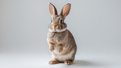 Obraz premium Healthy lovely brown rabbit stands on two legs against a white background. Adorable fluffy bunny on white background, charming mammal with bright beautiful eyes in nature, symbolizing daytime creat...