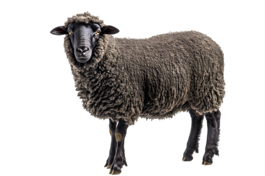 Detailed portrait of a fluffy black sheep with a wool coat