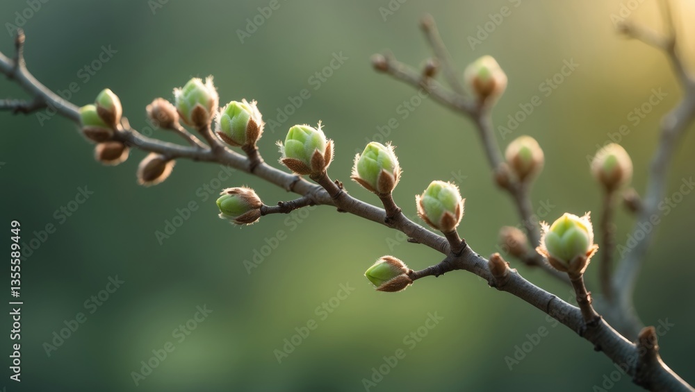 Poster close-up of a tree branch featuring new buds sprouting against a blurred backdrop.