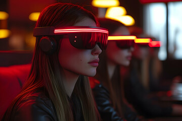 Three women wear futuristic augmented reality glasses in a red-lit room. Ideal for advertising a new tech product or a cyberpunk-themed experience.