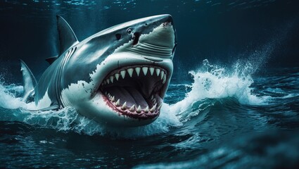 Obraz premium Great white shark with its mouth agape. Great White Shark in ocean waters preparing for an attack. The hunt of a Great White Shark.