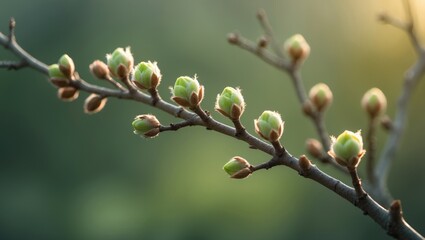 Close-up of a tree branch featuring new buds sprouting against a blurred backdrop.