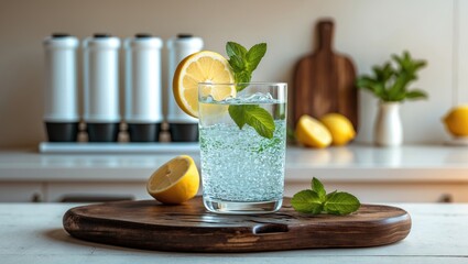 Fototapeta premium Glass of purified clear water with a filter, lemons, and cartridges on a kitchen table. Concept of home filtration or purification systems.