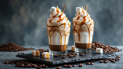 Naklejka premium Glasses featuring a tasty caramel frappe arranged on a tray.