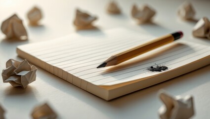 Close-up of a pencil resting on a blank page, surrounded by crumpled paper in the background.