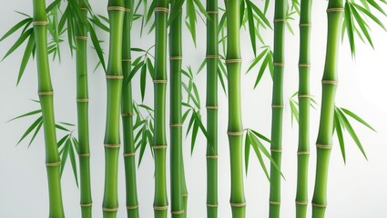 Green bamboo with leaves set against a white background.