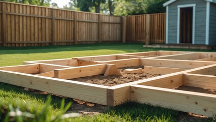 Close-up view of a wooden decking base under construction in a garden next to a lawn and shed.
