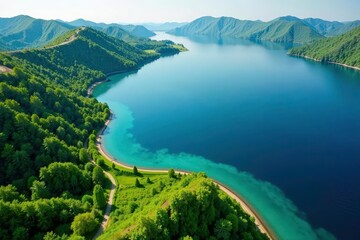 Geometrically shaped shoreline, creating intricate lake outline, satellite, environment, shapes