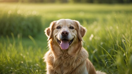 Golden retriever joyfully sitting in a vibrant, green field with sunlight streaming, capturing a peaceful and happy moment.