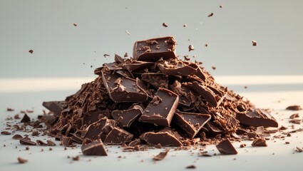 Fototapeta premium Grated Chocolate Isolated, Crushed Pieces of Chocolate Shavings, Crumbs Collection, Scattered Flakes, Cocoa Sprinkles for Dessert Garnishing on Light Background
