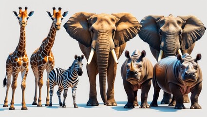 Great assortment of large mammals. Giraffe, elephant, camel, rhinoceros, hippopotamus, and zebra displayed on a white background.