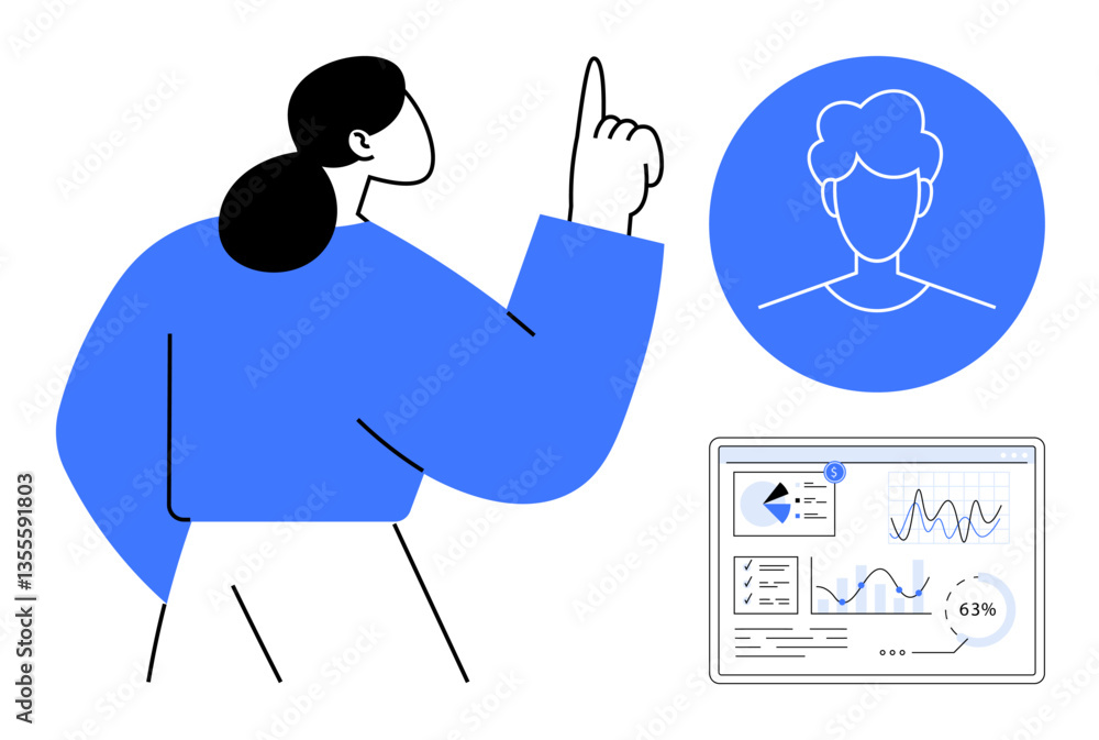 Poster woman pointing at data visualization screen, user profile icon in circle. ideal for analytics, data 